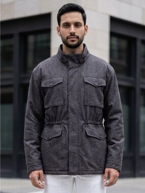 Men's Charcoal Field Jacket - Structured Military-Style Coat no hood